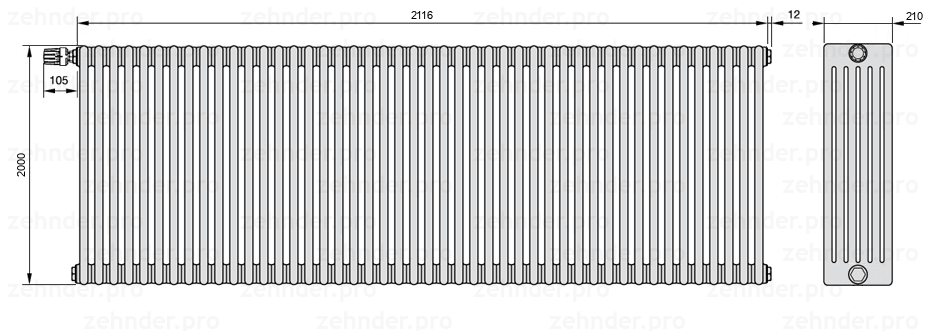 Схема (чертеж) Радиатор Zehnder Charleston 6200/46 №V012 Белый глянцевый RAL 9016